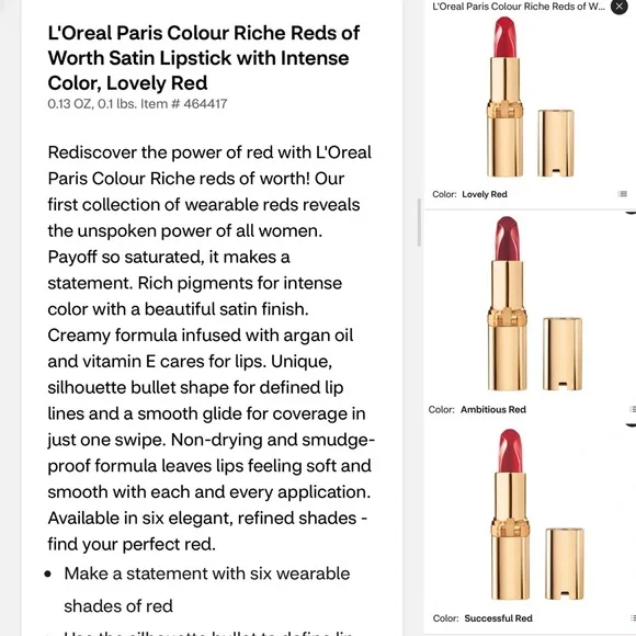 3x lot L’Oréal Paris Colour Riche Reds of Worth Satin Lipstick Shade 186 187 189 - Picture 2 of 5